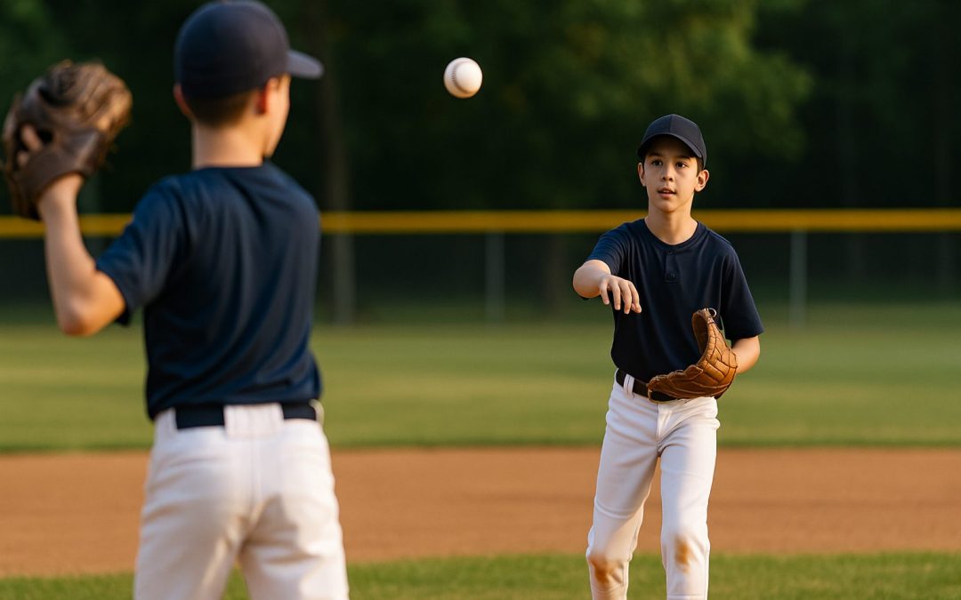 youth baseball players throwing a ball